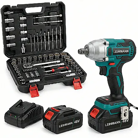 Mașină de Înșurubat cu Impact 48V – Cuplu 550 Nm, 2 Acumulatori Li-Ion 5Ah, 40 Accesorii, Mandrină 1/4” Hex, 0–5000 rpm, Valiză [3]