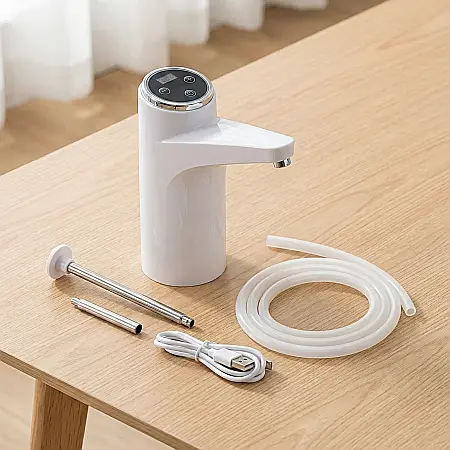 Bucătărie - Dozator Electric Reîncărcabil de Apă, Compatibil Bidoane 18,9L, Pompare 600 ml/Apăsare, Putere 5W, Alb, Baterie Incorporată, Încărcare USB