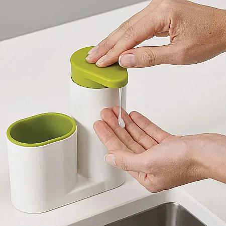 Set 2 în 1 Dispenser și Suport Burete pentru Vase – Organizator Chiuvetă, Depozitare Săpun Lichid, Design Ergonomic Alb & Verde, 18 x 16,5 cm [3]