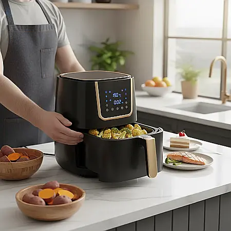 Friteuză cu Aer Cald fără Ulei – 2400W, Capacitate 6L, Funcții de Prăjire, Coacere și Gătire Rapidă, Panou Analogic, Coș Detasabil Antiaderent [1]
