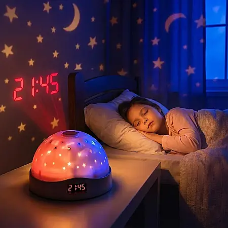 Ceas Digital cu Proiecție Ora și Stele pe Tavan – Lampă de Veghe cu LED în 3 Culori, Joc de Lumini Curcubeu, Design Rotund și Portabil: Atmosferă Magică și Somn Liniștit pentru Camera Copilului [2]