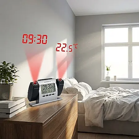 Ceas Multifuncțional cu Proiecție pe Tavan – Afișaj LCD, Ora, Data și Temperatură, Alarmă cu Snooze, 2 Proiectoare Reglabile și Design Modern: Control Total și Vizibilitate Maximă în Orice Moment al Z [2]