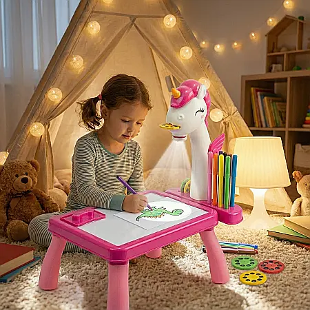 Set Proiector de Desen Unicorn pentru Copii – 24 Șabloane, Masă Luxma Alb/Roz, 12 Markere, Plastic Durabil, 31x21x19 cm, Dezvoltă Creativitatea și Îndemânarea [3]