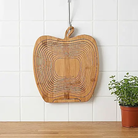 Coș Pliabil din Bambus în Formă de Măr – Suport Multifuncțional 3-în-1 (Coș, Tocător, Suport Vase), Material Ecologic Antibacterian și Design Elegant: Stil Natural și Organizare Inteligentă pentru Buc [2]