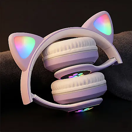 Căști Bluetooth Pliabile cu Design Pisică RGB – Versiune V5.0, Microfon Integrat, Slot Card SD, Jack 3.5 mm, Baterie 400 mAh, Autonomie 8h, Compatibile Telefon, Laptop și Tabletă, Culoare Curcubeu [3]