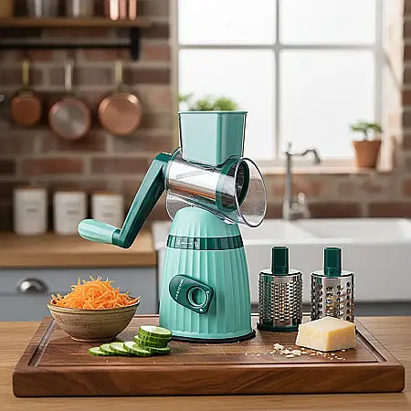 Răzătoare multifuncțională cu 3 lame rotative inox și 2 accesorii pentru ras și feliat legume, design compact și ușor de curățat [1]