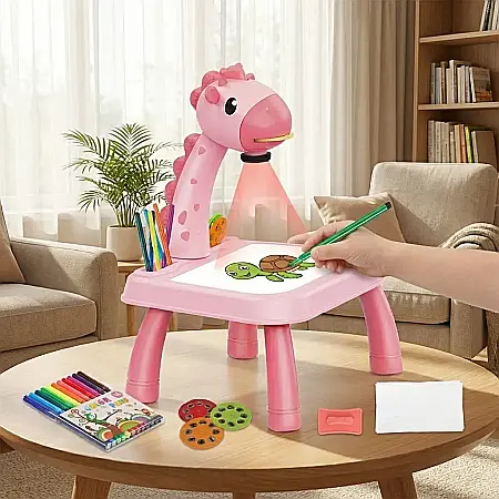 Proiector de Desen pentru Copii cu Măsuță Lavabilă – 3 Discuri cu Imagini (Animale, Vehicule, Fructe), Carioci Incluse, Suprafață Reutilizabilă și Design Ergonomic: Dezvoltă Creativitatea, Imaginația  [3]