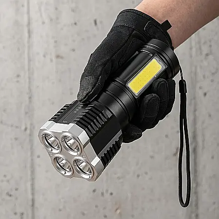 Lanternă Profesională Portabilă 5W – Waterproof, 4 LED + COB, Indicator Baterie, USB, 4 Moduri Iluminare, Li-Ion 1200mAh, Carcasă ABS/PVC, Negru [3]