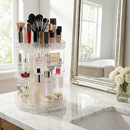 Cutie Machiaj Rotativă 360° Transparentă – Organizator de Elită pentru Cosmetice și Bijuterii, Sistem Modular Multi-Nivel și Design Crystal-Clear: Eleganță și Organizare Desăvârșită pentru Masa ta de  [2]