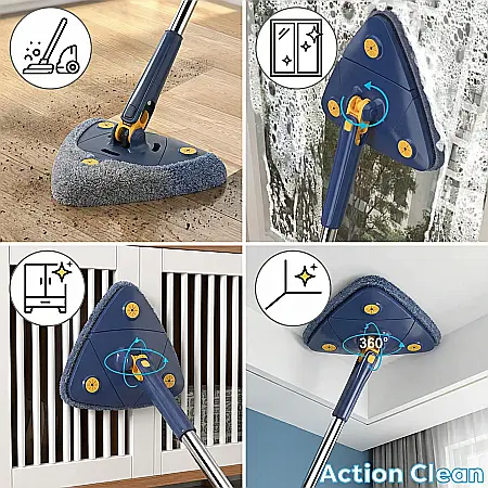 Mop Triunghiular ActionClean cu Rotire 360° și Lavetă Rezervă – Accesoriu Multifuncțional pentru Podele, Parchet, Gresie, Geamuri și Oglinzi, Albastru, Lungime 130 cm [3]