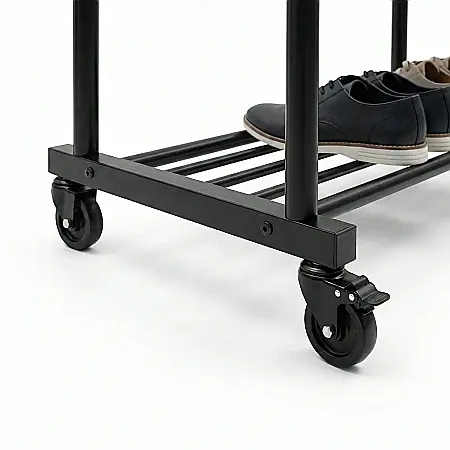Suport Mobil pentru Umerașe și Accesorii – Structură Metalică Rezistentă, 150x96x45 cm, Roți cu Frână, Raft Pantofi și Cuiere Laterale, Negru [3]