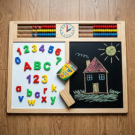 Tabla Desen Multifuncțională pentru Copii – Set Educativ cu Tabla Neagră și Magnetică, Abac, Ceas cu Limbi Mobile și Hexagoane Matematice [3]