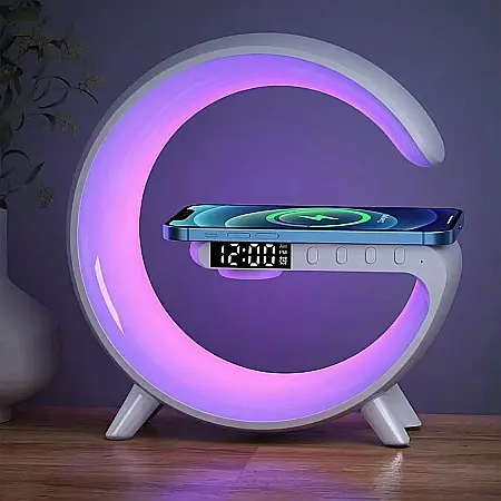 Lampă Smart LED RGB 5-în-1 G63 – Încărcare Wireless 15W, Difuzor Bluetooth 360°, Ceas cu Alarmă și Simulare Răsărit, Lumină Ambientală Reglabilă, Design Modern [3]
