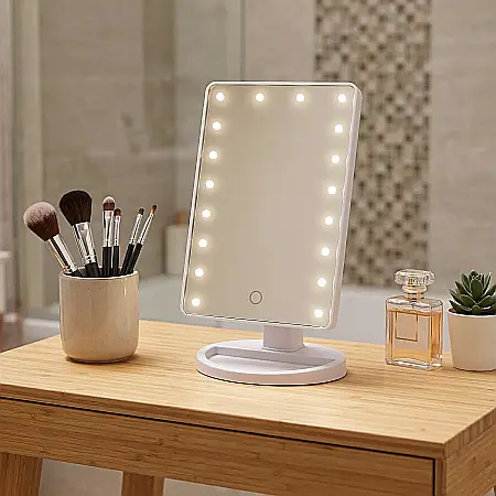 Oglindă pentru Machiaj NAGO cu 16 LED-uri, Buton Tactil, Efect de Mărire, Rotire 180°, Bază cu Suport pentru Bijuterii, Dimensiuni 17x12x27 cm, Culoare Albă [3]