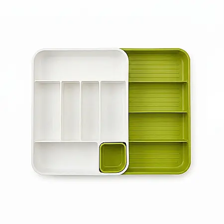 Organizator Reglabil pentru Sertar Tacâmuri – Tavă Extensibilă din Plastic, 5–7 Compartimente, Dimensiune Ajustabilă 29–48 cm, Ideală pentru Bucătărie, Culoare Alb-Verde [3]