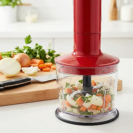 Set Blender de Mână Profesional 5 în 1 – 500W, Lame Inox, Trepte de Viteză, Cană 500 ml, Tocător 500 ml, Tel, Accesoriu Spumare Lapte, Multifuncțional și Silențios, Roșu Vibrant [3]
