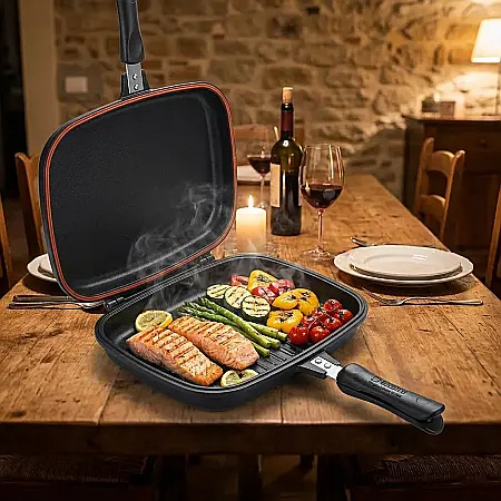 Tigaie Dublă Gourmet Evolution 36 cm – Suprafață Antiaderentă Grill și Clasică, Aluminiu Turnat, Strat Non-Stick Marmorat, Mâner cu Magnet și Garnitură Silicon: Excelență Culinară, Gătire Fără Fum și  [2]