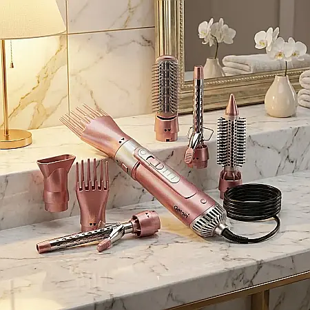 îngrijire feminină - Uscător de Păr Profesional 7 în 1 Gemei GM-4831, 2200W – Display LED, 7 Accesorii Interschimbabile, Peri Retractabili, Cablu Rotativ 360° și Culoare Pink: Styling de Salon, Volum și Protecție Termică 