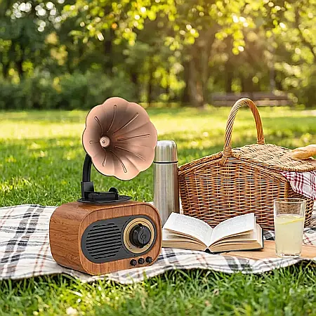 Boxă Portabilă Retro Gramofon – Bluetooth 4.0, USB/TF/AUX, Baterie 1200 mAh, Design Vintage Lemn, Sunet Clar și Bas Profund, Dimensiuni 11×23 cm [2]