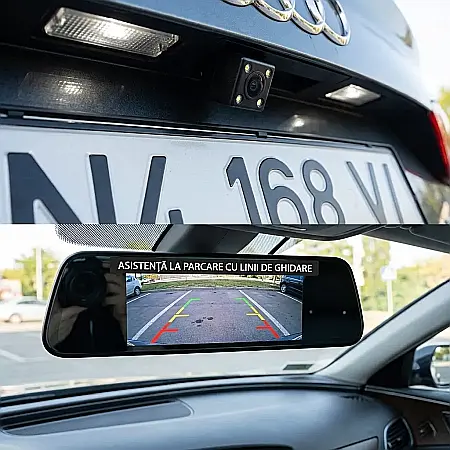 Auto - Oglindă Retrovizoare cu Cameră Auto Full HD – Unghi 120°, Senzor Mișcare, LED Noapte, Montaj Peste Oglinda Originală, Alimentare 12V, Compatibilă microSD până la 32GB