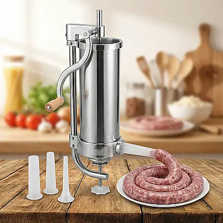 Bucătărie - Mașină de Fabricat Cârnați Verticală 2,5 kg – Inox Premium, 4 Pâlnii Interschimbabile și Disc de Etanșare: Preparate Tradiționale Impecabile la Tine Acasă