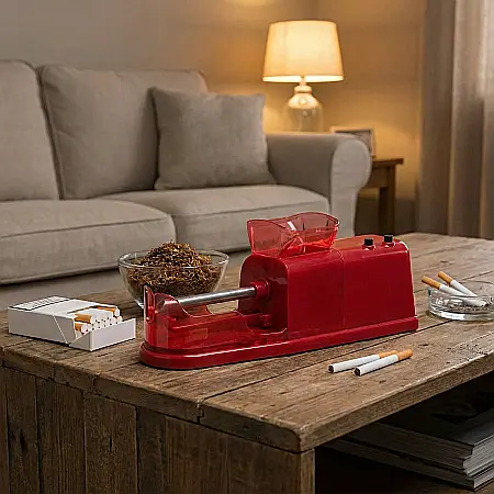 Gadgeturi - Aparat Electric de Făcut Țigarete (Injector Tutun) – Reglaj Densitate 4 Trepte, Portabil, Adaptor 220V Inclus, Roșu