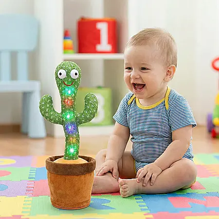Jucării - Jucărie Interactivă Cactus Dansator de Pluș – Muzică și Mișcare, Alimentare USB, 12 cm, Cadou Amunzant Copii