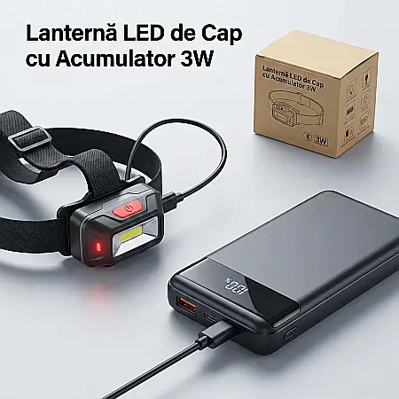 Lanternă LED de Cap cu Acumulator 3W – 300 Lumeni, Încărcare USB, Baterie 800mAh, Fascicul 270°, Rază 50 m, IP65 [2]