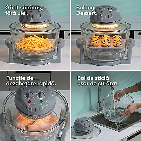 Cuptor cu Halogen 17 L Negru – 1400 W, Control Temperatură Reglabilă 65-250°C, Temporizator 60 Min, Capacitate Extinsă, Coacere Rapidă și Uniformă fără Ulei [2]