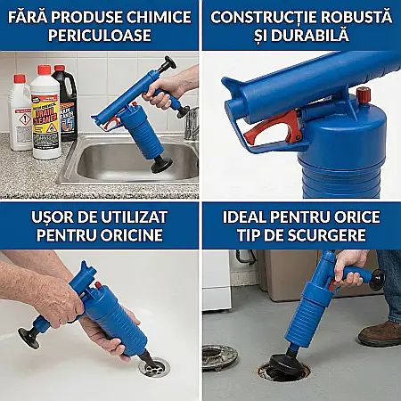 Pistol cu Aer Comprimat pentru Desfundarea Țevilor și Chiuvetelor – Presiune 0,8 Mpa, cu 4 Adaptoare Universale [2]