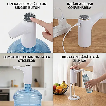 Dozator Electric Reîncărcabil de Apă, Compatibil Bidoane 18,9L, Pompare 600 ml/Apăsare, Putere 5W, Alb, Baterie Incorporată, Încărcare USB [1]