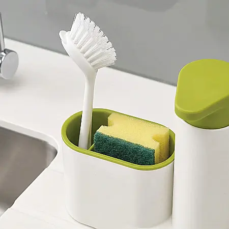 Set 2 în 1 Dispenser și Suport Burete pentru Vase – Organizator Chiuvetă, Depozitare Săpun Lichid, Design Ergonomic Alb & Verde, 18 x 16,5 cm [2]