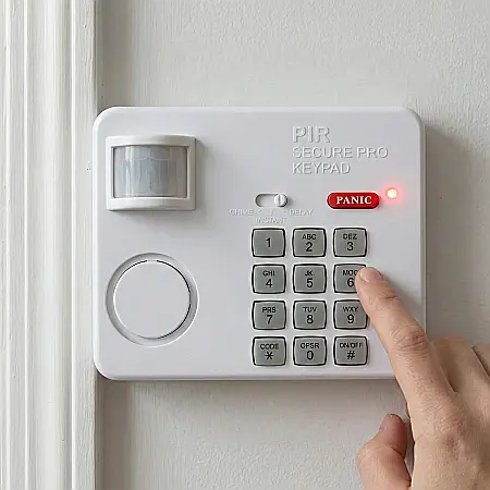 Alarmă Wireless cu Senzor PIR de Mișcare – 3 Moduri de Funcționare (Chime, Instant, Întârziere), Panică de Urgență, Blocare prin Cod și Rază 5m: Siguranță Inteligentă și Control Total pentru Casă sau  [1]