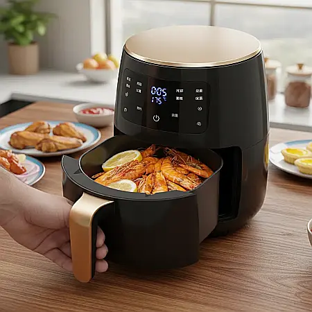 Bucătărie - Friteuză cu Aer Cald fără Ulei – 2400W, Capacitate 6L, Funcții de Prăjire, Coacere și Gătire Rapidă, Panou Analogic, Coș Detasabil Antiaderent
