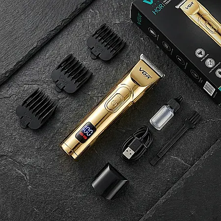 Aparat de Tuns Profesional VGR-947 Gold Edition – Autonomie Record 500 Min, Baterie 2000 mAh, 4 Piepteni de Ghidaj și Design Luxos: Stil, Precizie și Performanță la Tine Acasă [1]