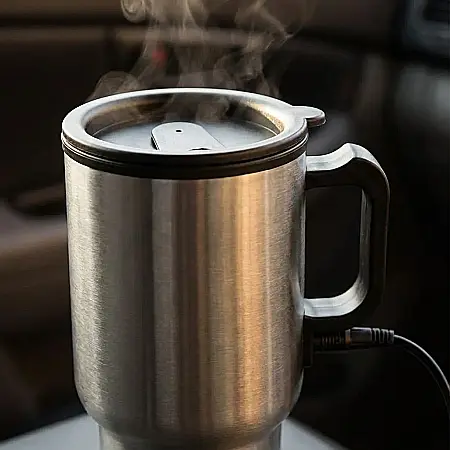 Cană Auto Termoizolantă 450 ml din Inox – Conectare la Bricheta Mașinii 12V, Pereți Dubli, Capac cu Orificiu pentru Băut și Mâner Ergonomic: Cafea și Ceai Mereu Calde în Orice Călătorie [1]