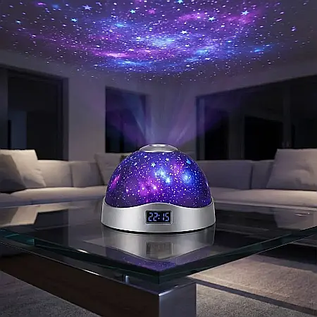 Ceas Digital cu Proiecție Ora și Stele pe Tavan – Lampă de Veghe cu LED în 3 Culori, Joc de Lumini Curcubeu, Design Rotund și Portabil: Atmosferă Magică și Somn Liniștit pentru Camera Copilului [1]