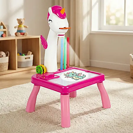 Set Proiector de Desen Unicorn pentru Copii – 24 Șabloane, Masă Luxma Alb/Roz, 12 Markere, Plastic Durabil, 31x21x19 cm, Dezvoltă Creativitatea și Îndemânarea [2]