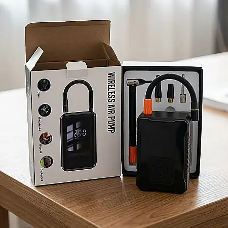 Auto - Compresor Auto Portabil Wireless cu Ecran LED – Digital, Baterie 7,4V, Presiune Max 10,3 bar, Debit 16 l/min, 2 Cilindri și Accesorii Incluse: Umflare Rapidă, Precisă și Fără Cabluri pentru Anvelope, 