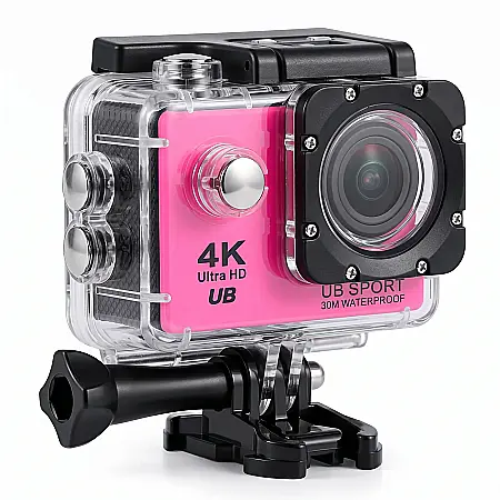 Cameră Sport 4K Ultra HD UB – Rezistentă la Apă (30m), Carcasă Roz, Unghi Larg 170°, Foto 20MP, Wi-Fi, Funcție Slow Motion, Set Complet Accesorii Montare [2]