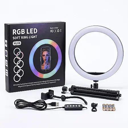 Lampă Circulară RGB Ring Light Zenino® – 26 cm / 10 Inch, LED Multicolor, Trepied Extensibil 210 cm, 3 Moduri de Lumină, 9 Niveluri Reglaj, Rotire 360° [2]