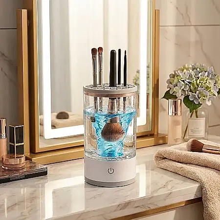 Mașină Electrică pentru Curățat Pensule de Machiaj – Sistem Rotativ 2-în-1 (Spălare și Uscare), Compatibilitate Universală, 8 Gulere Reglabile și Bol Inclus: Igienă Perfectă și Pensule ca Noi în Câtev [2]
