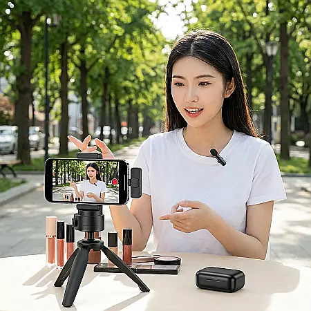 Microfon Wireless Lavalier USB-C și iPhone – Rază 20m, Anulare Zgomot Inteligentă, Plug & Play, Autonomie 6h, Compatibil Android, iOS, Laptop, Ideal pentru Vlog, Podcast și Live Streaming [2]