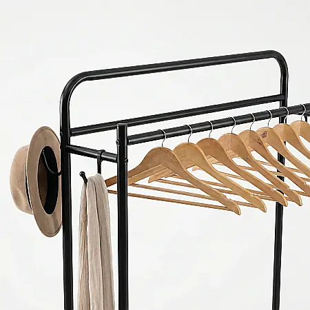 Suport Mobil pentru Umerașe și Accesorii – Structură Metalică Rezistentă, 150x96x45 cm, Roți cu Frână, Raft Pantofi și Cuiere Laterale, Negru [2]