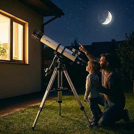 Telescop Astronomic Profesional 360 mm – Lentilă 50 mm, Prisme 90°, Oculare H20mm & H6mm, Trepied Aluminiu 38 cm, Portabil, Ideal pentru Începători și Observații Lunare, Argintiu [2]