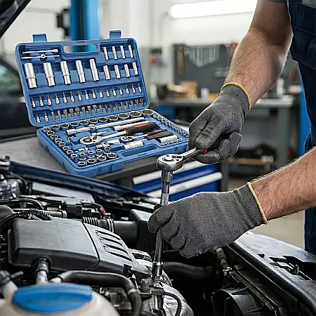 Trusă 108 Piese Chei Tubulare și Capete Șurubelniță – Oțel Crom-Vanadiu, Clichete cu Sistem Blocare, Imbusuri, Torx, Prelungitoare, Geantă Transport Inclusă, Albastru [2]