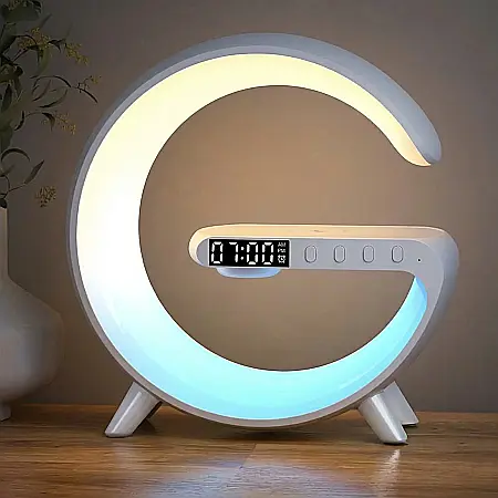 Lampă Smart LED RGB 5-în-1 G63 – Încărcare Wireless 15W, Difuzor Bluetooth 360°, Ceas cu Alarmă și Simulare Răsărit, Lumină Ambientală Reglabilă, Design Modern [2]