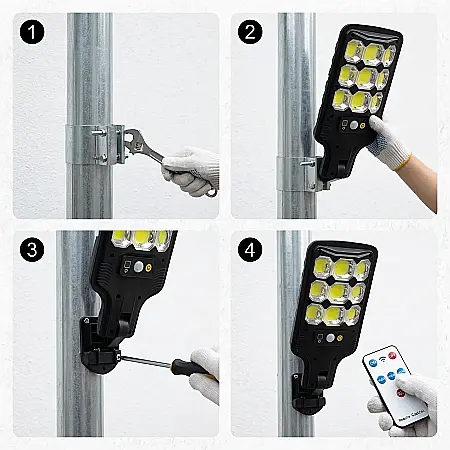 Lampă Stradală Solară Modernă HS-8037B – Iluminare Puternică COB, 9 LED-uri, Senzor Mișcare și Fotosensibil, Baterie 1200 mAh, Telecomandă, Rezistentă la Intemperii [2]