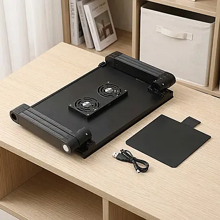 Masă Pliabilă Multifuncțională pentru Laptop T8 – Aliaj Aluminiu-Magneziu, Reglabilă 360°, Cu 2 Ventilatoare USB, Suport Mouse, Portabilă și Ergonomică, Capacitate 10 kg [2]