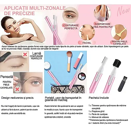 Mini Epilator Electric și Aparat de Tuns Sprâncene Skysuper Groomer NS-668 – 2 Capete Interschimbabile, Reîncărcabil USB, Cap Lavabil, Design Portabil, Alb/Roz [2]